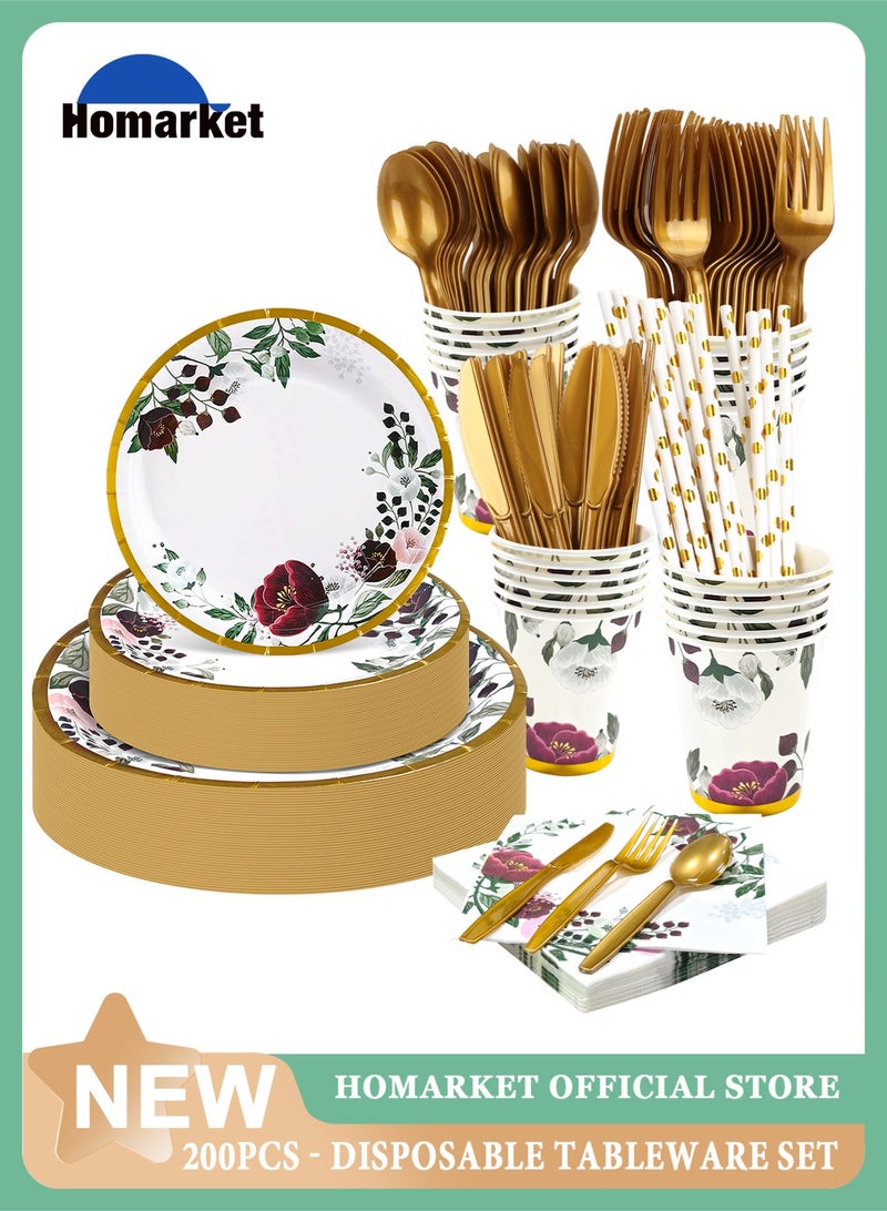 HomarKet 200PCS Disposable Dinnerware Set,25 Guest Party Supplies Dinner Set Include Paper Plates Napkin Cup Straw Plastic Spoon Fork Knive for Baby Shower,Wedding,Birthday (Elegant leaves&Flowers) - Image 1